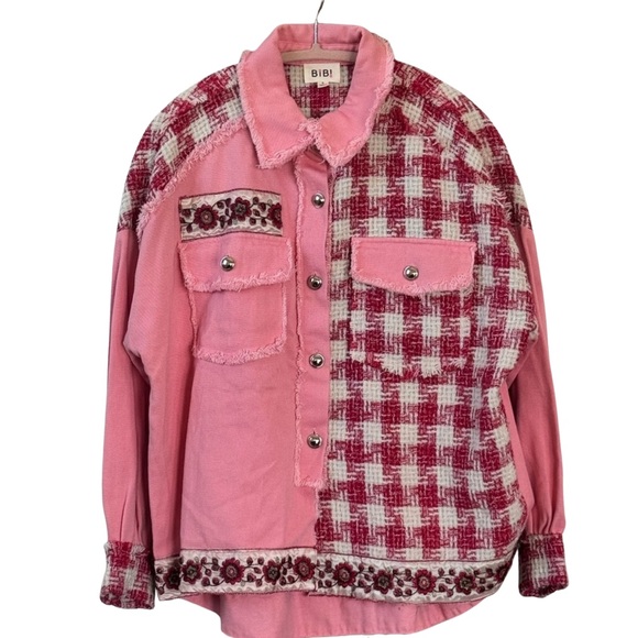 BIBI Pink Denim Tweed Lady Jacket Embroidered Flower Shacket Size Small - Picture 1 of 16